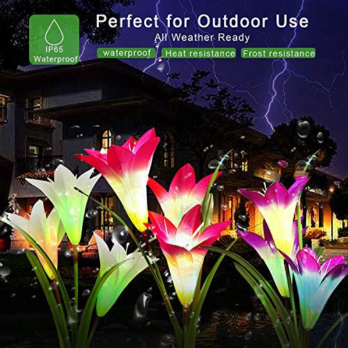 Solar Garden Stake Lights Outdoor,2 Pack Solar Powered Lights with 8 Lily Flower, Multi-Color Changing LED Solar Landscape Lighting Light For Decorating The Path, Yard, Lawn,Patio (White and Purple)