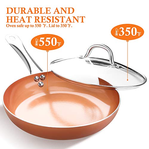 Shineuri 9.5 Inch Copper Fry Pan With Lid, Nonstick Omelet Pans - Perfect For Stir Fry, Sauce & Baking, Compatible For Induction, Gas, Electric & Stovetops, Perfect For 2-3 Person Meal #TOP2
