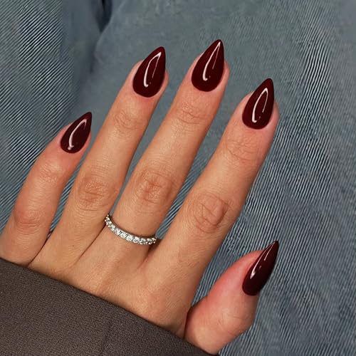 KQueenest Dark Red Press on Nails Short Almond, 30 Pcs Fake Nails Short Stiletto, Burgundy Maroon Acrylic Nails Press on, Natural Fit, Reusable Soft Gel Stick on Nails For Women