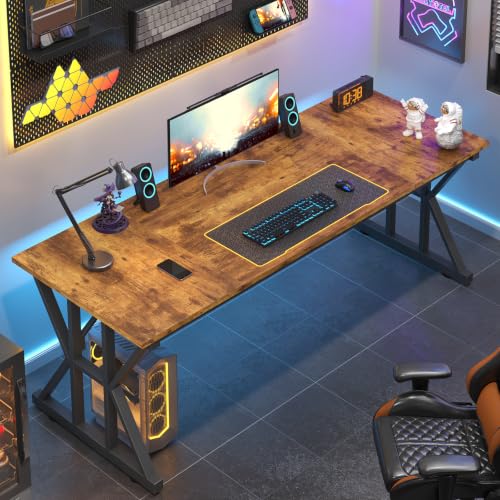 Image of 63 inch Large Computer Desk with Thickened Frame for Home Office, Living Room | Modern Simple Executive Desk, Larger Gaming Desk with X-Shaped ReInchforcement, Rustic Brown