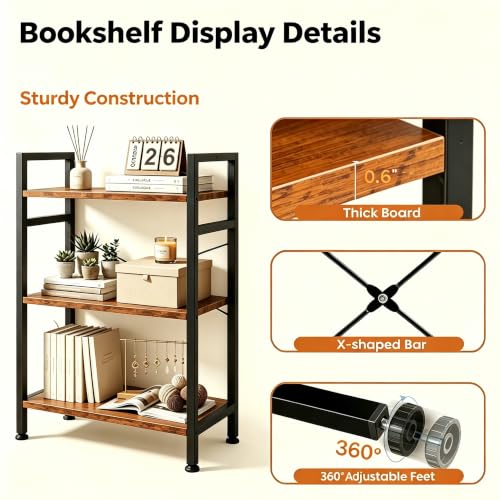 Image of HealSmart 3 Tier Bookshelf, Free Standing Book Shelf Home Office Bookcase Shelf Storage Organizer for Bedroom, Bathroom, Living Room, Office, Balcony, Rust Brown