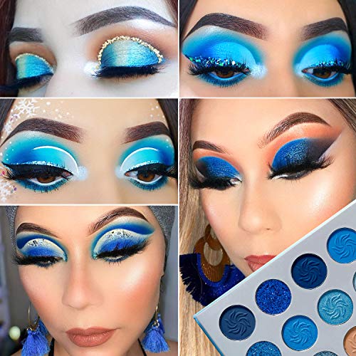 De'lanci Space Blue Eyeshadow Palette 15 Color Cosmetics Pressed Pigment Christmas Snowflake Eye Shadow Pallete Matte Shimmer Glitter Drama Makeup Eye Shadow Powder Long Lasting #TOP6