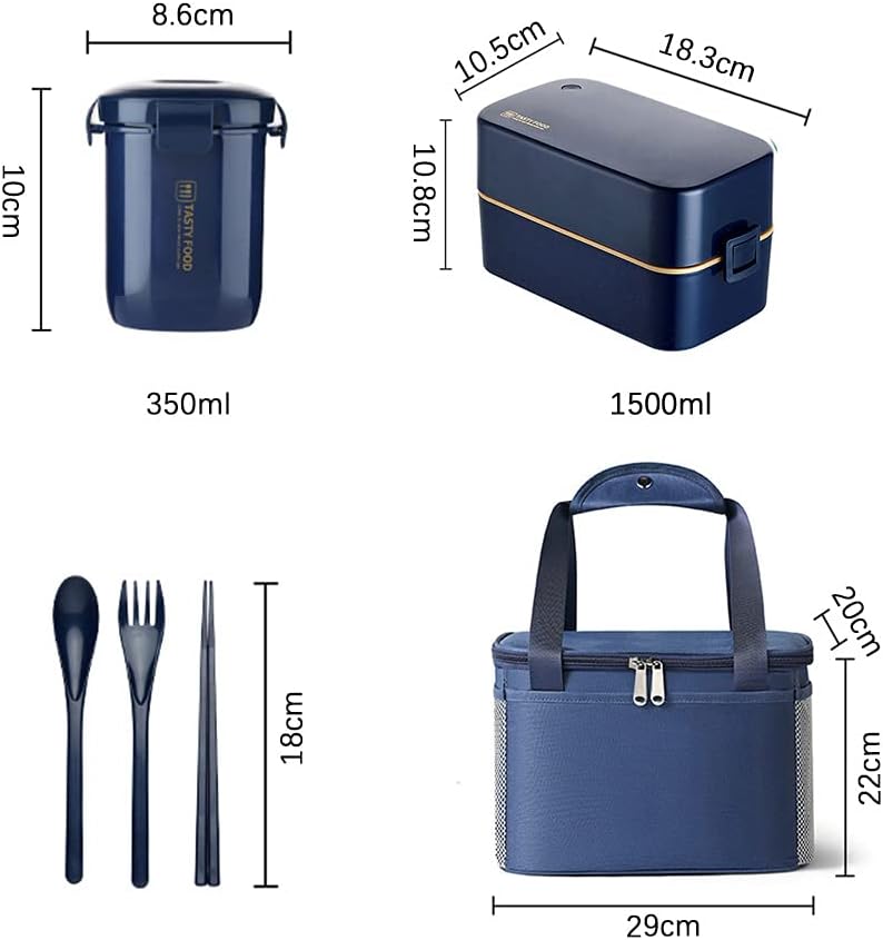弁当箱 お弁当箱 大容量 ポータブル おべんとう箱 1500ML 保冷バッグ、カップ、スプーン、箸、フォーク付き-ネイビー
