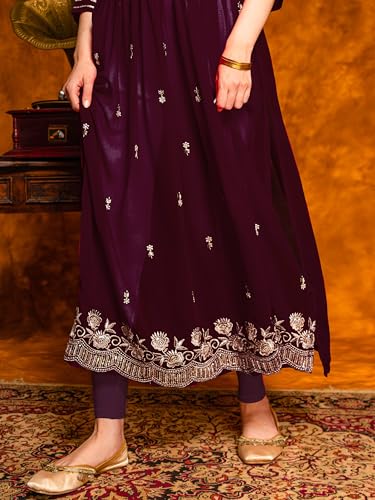 Image of EthnicJunction Women's Georgette Relaxed Fit A Line Embroidered Naira Cut A-Line Kurta | Karva Chauth Special Kurta