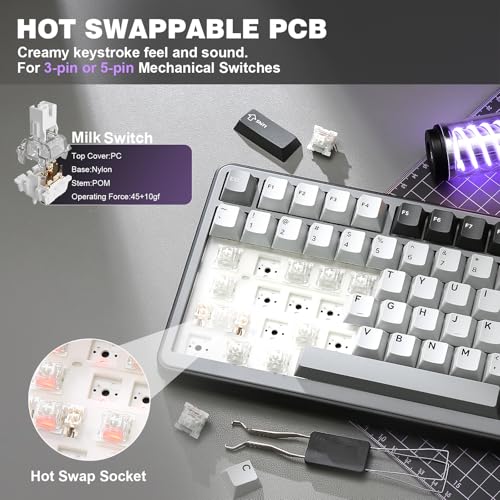 Image of YUNZII B75 PRO Wireless Mechanical Keyboard,75% Layout with Knob,Hot Swap Gasket Structure,Creamy Pre-lubed Switches,RGB Backlit,Bluetooth /Type-C /2.4G for Win /Mac (Dark Grey, Milk Switch)