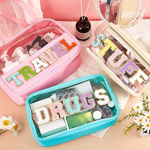 3 Pcs Chenille Letter Patch Clear Makeup Stuff Bags Makeup Bag Preppy Transparent Patch Bag Pvc Waterproof Portable Glitter Cosmetic Bag Travel Toiletry Storage Bag For Women Girls #TOP4