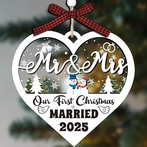 Uflashmi Our First Christmas Married Ornament 2025, Wooden First Year Christmas as Mr and Mrs Ornament, Wedding Gifts for Married Couples 2025
