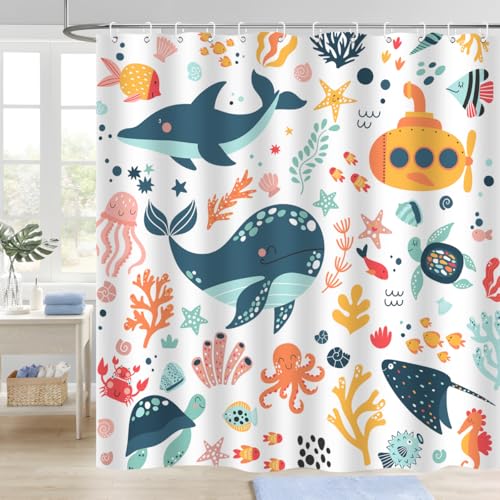 Image of Kids Cartoon Ocean Shower Curtain Cute Fish Sea Turtle Whale Dolphin Funny Underwater Submarine Animal Sea Life Children Boy Home Bathroom Decor Waterproof Fabric 72Lx72W Inch with 12PCS Hooks