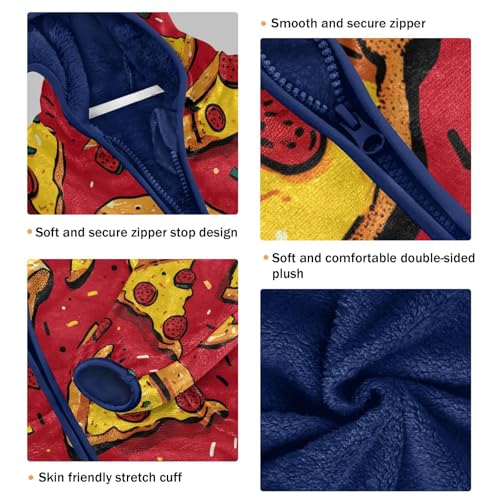 Pizza Slices on Red Background Toddler Fleece Jacket Girl Boys Hooded Fleece Jacket Coat Warm Outwear Zip-up 3-10T3