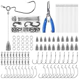 Punch Shot Rig Kit,EWG Flipping Fishing Hooks Swivels Split Rings Steel Wire Bullet Sinker Weights Drop Shot Tokyo Style Rig Lure Making Accessories for Bass Fishing (Punch Shot Rig Kit with Plier)