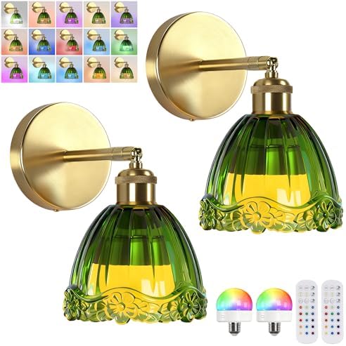 Vintage Battery Operated Wall Sconce with Green Flower Crown Glass Lampshade Rechargeable Battery Powered Wall Light with Remote Control for Bedside Bedroom Bathroom, Set of 2