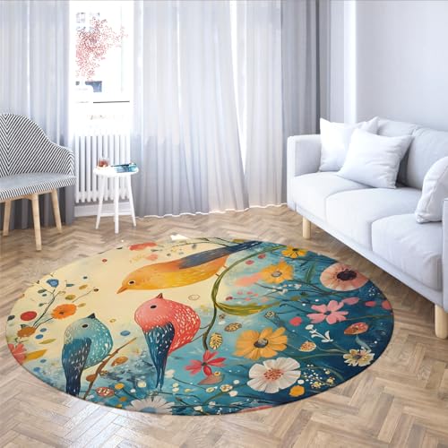 Tapis rond bohème 80cm oiseaux et fleurs lavable et antidérapant - 4