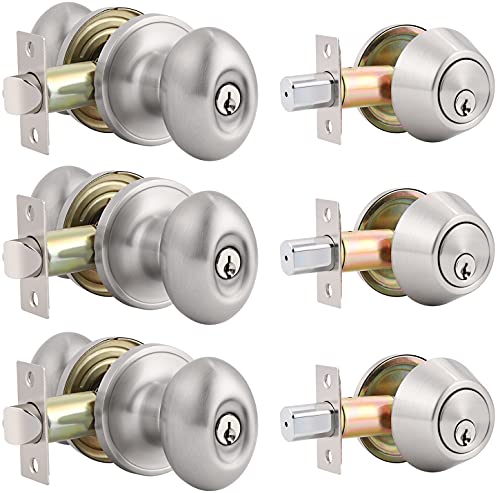 Home Improvement Direct 3 Pack Keyed Entry Door Knob And Single Cylinder Deadbolt Combination Set In Satin Nickel Finish, Exterior Knob With Lock And Deadbolt, Keyed Alike #TOP8