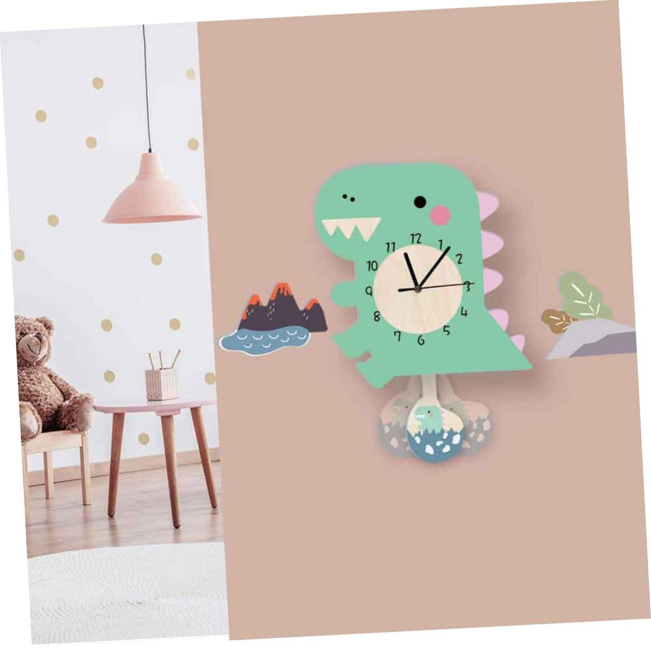 Cabilock Reloj de Péndulo de Dinosaurio de PVC, Estilo Dibujos Animados | 1 Pieza, Decorativo para Guardería y Salas Familiares, Tic Silencioso, Colgante de Pared