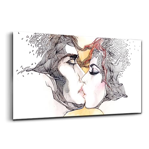 Tableau en verre 120x60cm art abstrait couple baiser Wallfluent
