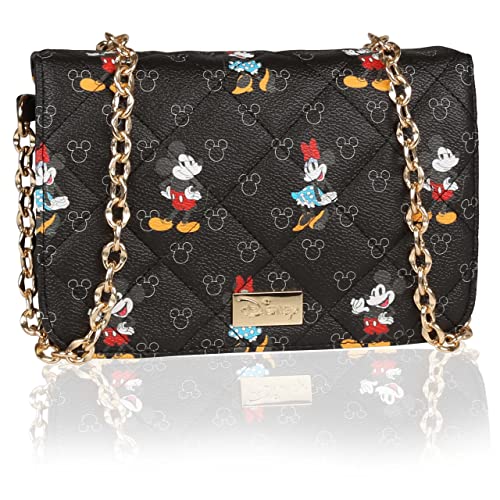 Petit Sac à Main Noir Mickey et Minnie Mouse Disney, matelassé, chaîne 19x13 cm