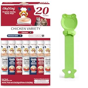 Purée Pops + Green Feeding Spoon, Grain-Free, Lickable, Squeezable Creamy Cat Treat/Topper, 20 Tubes, Chicken Mix Variety