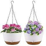Dovesail 10 Inch Hanging Planter, 2 Pack Hanging Plastic Plant Self Watering Pot with Drainage Holes and Saucers, Hanging Baskets Flower Pots for Indoor Outdoor Garden Plants and Flowers-White