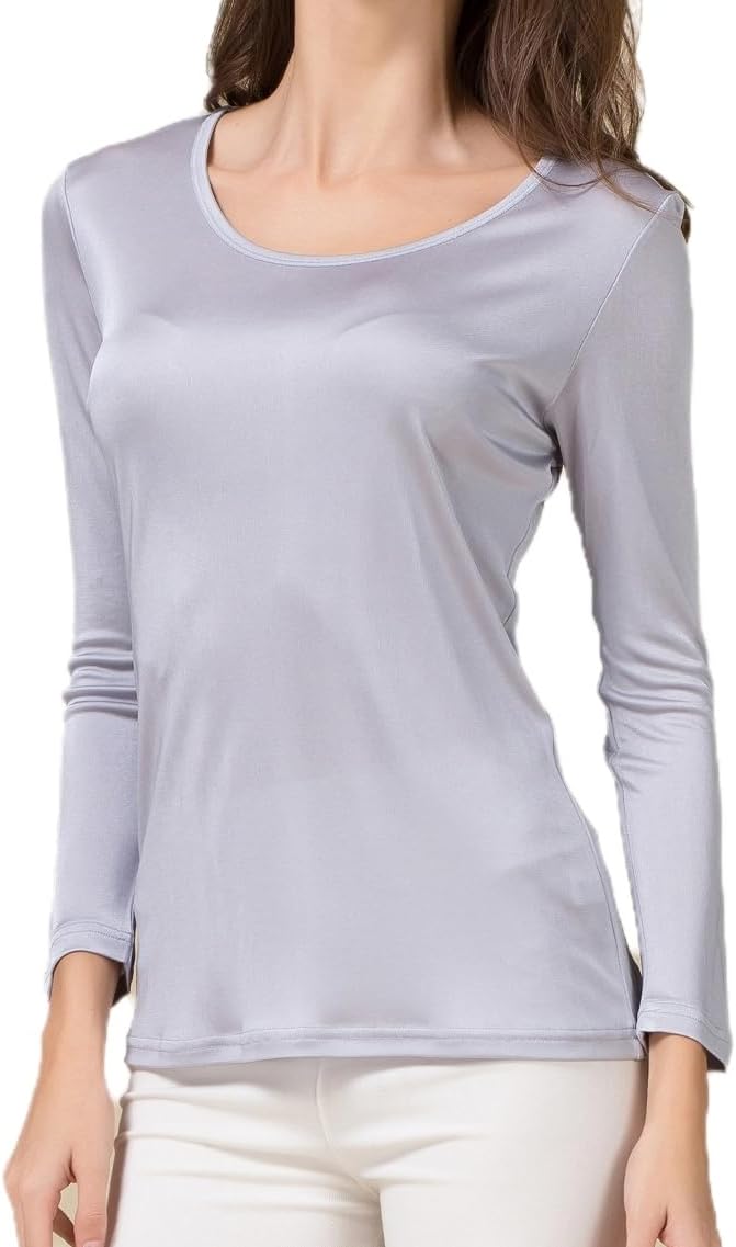 Women's Mulberry Silk Thermal Shirts Knit Silk Round Neck Top Pullover Base Layer Undershirts Blouse Tops