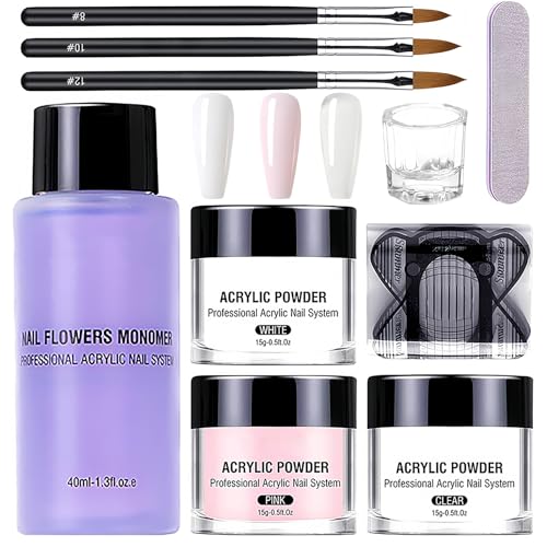 Acrylic Nail Kit with 3 Colors Acrylic Powder Nail Art Brush Forms & Glass Cup - Professional Nails Extension Kit for Beginners Quick Gel Extensions