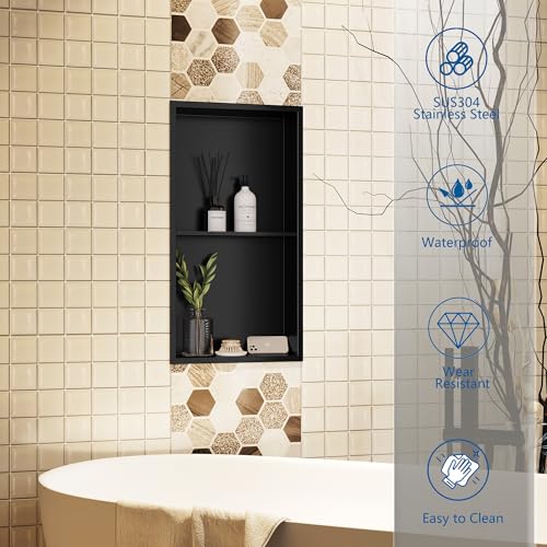 Neodrain No Tile Shower Niche, Stainless Steel Wall Niche 13.1"X25.1"(Inner Size 12"X24"), Two-Tier Bathroom Shelf, NO Tile Needed Recessed Cabinet for Bathroom Storage, Matte Black - Image 4