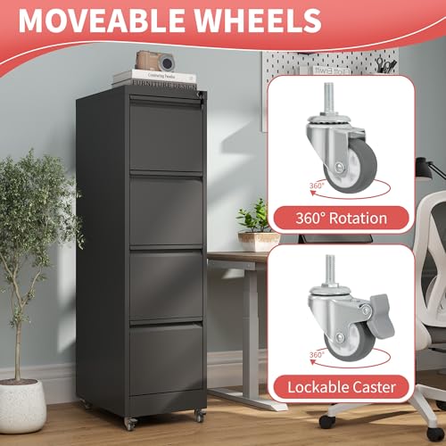 IKIMI 4 Drawer File Cabinet with Wheels,Metal Mobile Filing Cabinets with Lock,Black Vertical File Cabinet for Home Office,Heavy Duty Storage Cabinet for A4/Letter/Legal Size File,Assembly Required