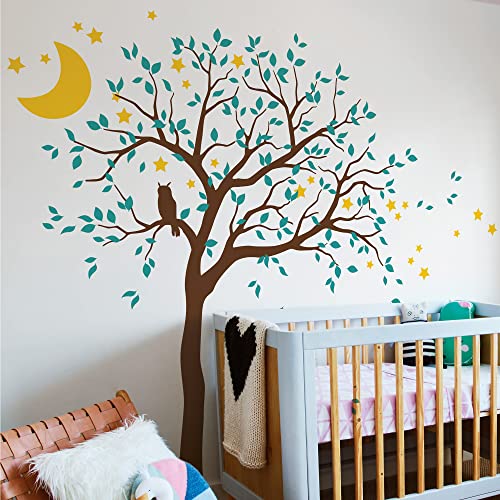 Vinilo decorativo árbol grande con búho, luna y estrellas miniatura 1