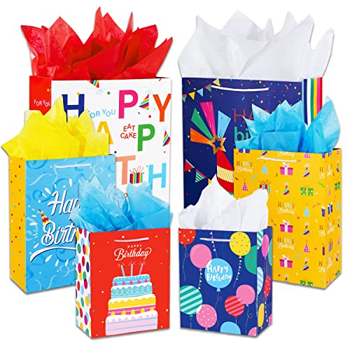 Birthday Gift Bag with Handle and Tissue Paper 12 Pcs Gift Bags Assorted Sizes and Designs Large Medium Small Size Birthday Gift Bag for Boys Girls 13 9 )