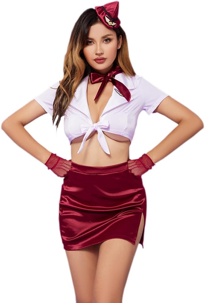 sexy flight attendant costumes for women cosplay lingerie outfit dress airline stewardess Anime Lady Naughty Underwear RolePlay OL Uniform Cute Suits Bodysuit hat tie Top Skirt Halloween