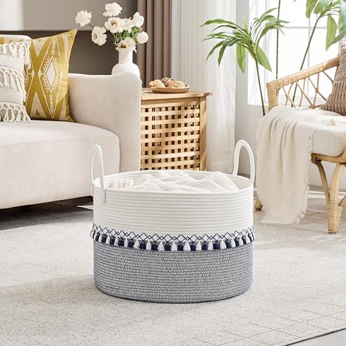 Image of KAKAMAY Cotton Rope Storage Basket (20 inchx13 inch),Woven Hamper for Blankets,Toys,Pillows,Clothes,Laundry,Sturdy Handles Decorative Basket for Living Room, Bedroom,Nursery(Blue Printing)