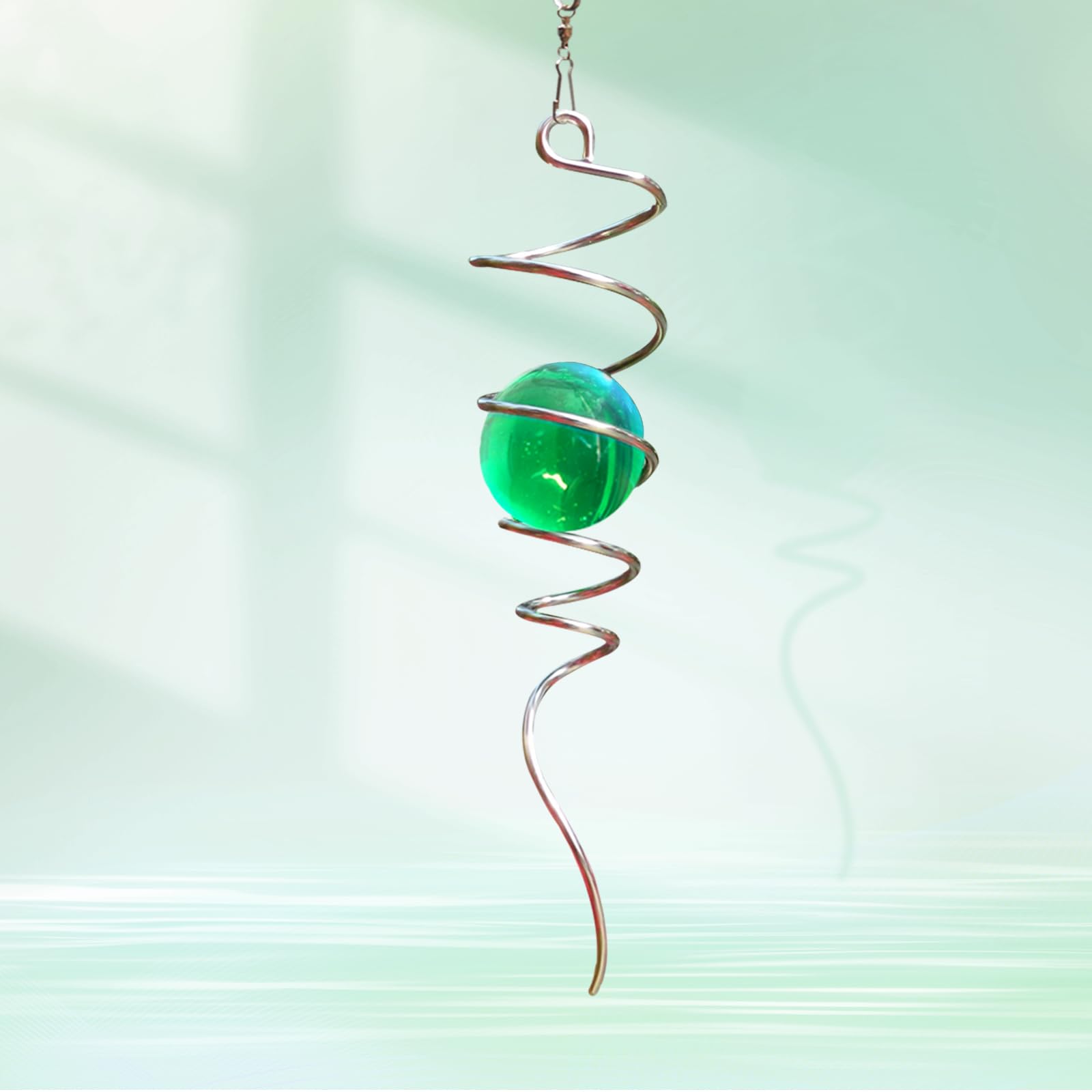 Goollyrusim Wind Spinner Tail, Wind Spinners Stabilizer with Green Glass Orb, Gazing Ball Spiral, Sun Catcher Rainbow Maker Hanging Decoration Decor