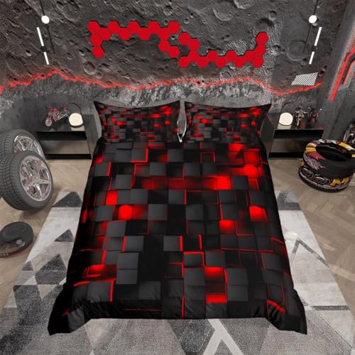 richhome Set di biancheria da letto con copripiumino rosso e nero, per letto singolo, motivo geometrico chiaro, per bambini, ragazzi e ragazze, set copripiumino moderno