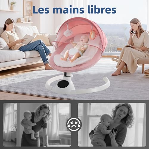 Transat Balancelle Bebe Electrique jusqu’à 9 kg, Pliable Bluetooth Balancelle pour Bébé avec 5 Vitesses de Balancement, Minuterie à 3 Niveaux et Télécommande, Portable Transat Bebe (Rose) – vue 7