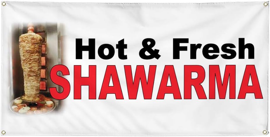 Vinyl Banner Multiple Sizes Hot & Fresh Shawarma Black Red Food Bar Restaurant Truck Restaurant & Food Outdoor Weatherproof Industrial Yard Signs 4 Grommets 16x40Inches