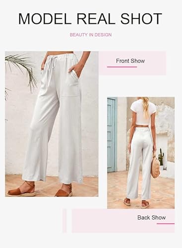 Dokotoo Women's Ladies Fashion Summer Beach Casual Linen Elastic High Waisted Drawstring Comfy Elegant Wide Leg Loose Work Office Long Palazzo Pants For Women Trousers With Pockets White Xl #TOP3