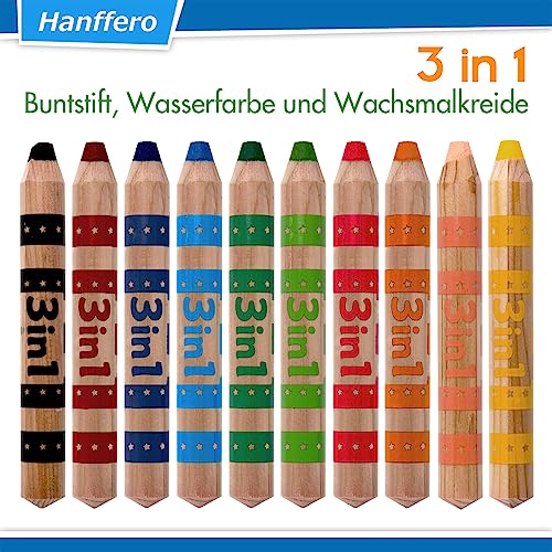 Hanffero 3 in 1 Farbstifte Set - Buntstift, Wasserfarbe & Wachsmalkreide in Einem Produkt, 10 Verschiedenen Farben, Sicher und Ungiftig, Leicht Abwaschbar