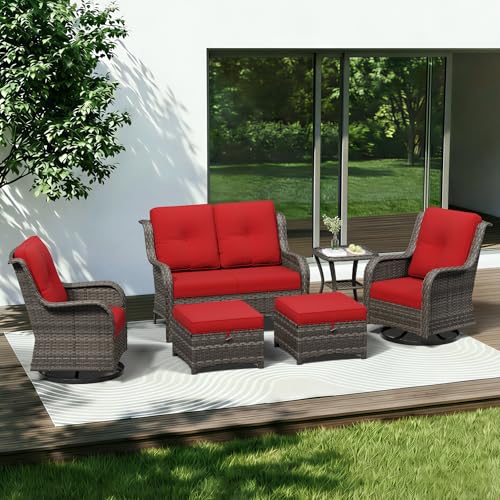 Image of 6 Piece Outdoor Wicker Patio Furniture Set, Outdoor Swivel Rocker Patio Chairs Set with Thickened Olefin Cushions, High Back and Deep Seating, Hand-Woven PE Rattan for Porch, Deck