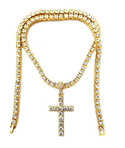 HH Bling Empire Mens Iced Out Hip Hop Silver Gold Artificial Diamond Ankh Cross Pendant cz Tennis Chain Necklace 22 Inch (Cross C -Gold, with Tennis)