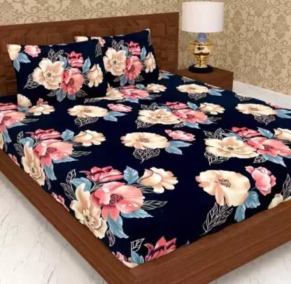 Home 300TC Elastic Fitted Double Bed Cotton Bedsheets with 2 Pillow Covers - King Size 78" x 72" (Black Floral)