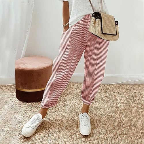 Women Linen Pants Sweat Drawstring Striped with Pockets- Lounge Trendy Trousers Gauze Pants Wide Leg for Women2