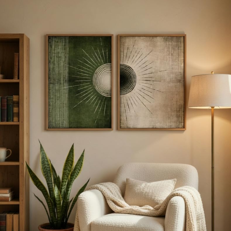 Image of Livin'luxe Modern Sunburst Abstract Wall Painting Set of 2 with Wooden color Frames | Minimalist Geometric Line Art HD Sparkle Laminated MDF Wall Decor | Contemporary Wall Art for Living Room Bedroom