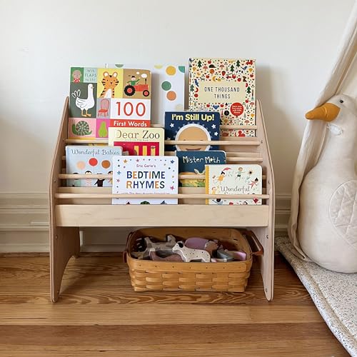 Montessori Bookshelf for Toddler Wood Kids Playroom Furniture Natural Wooden Nursery Gift Birthday Baby Neutral Room Storage Shelf Large Bookcase Child Decor Idea (Small)