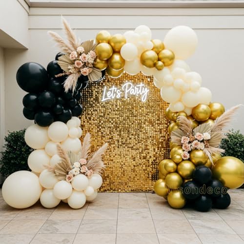 Image of Black White and Gold Balloon Arch Kit - Double Stuffed Balloons in Black, Ivory with Metallic Gold - 5 inch /12 inch /18 inch Balloons for Graduation, Birthday, Retirement, New Year Decorations