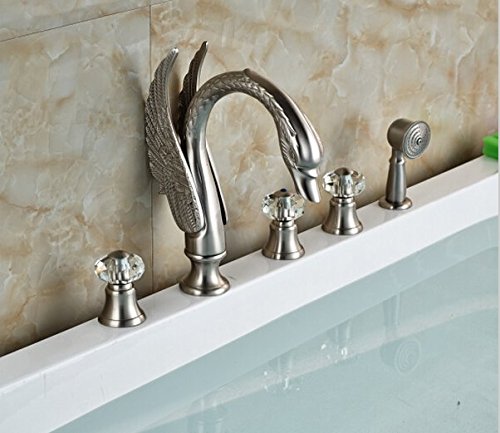 Robinet baignoire cygne nickel brossé 5 pièces douchette cristal salle de bain cascade design