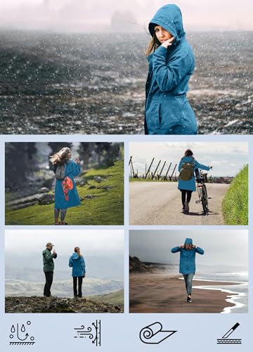 EnduaReve Regenjacke Damen Lang Wasserdicht Atmungsaktiv Regenmantel Übergangsjacke Kapuze Outdoor Jacke Petrolblau L