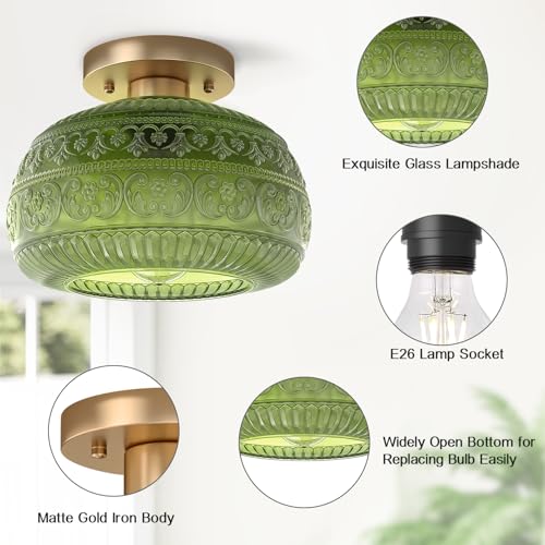 Oykyohei Semi Flush Mount Ceiling Light, Upgraded Modern Close To Ceiling Light Fixture With Green Glass,Gold Indoor Kitchen Lighting For Porch Corridor Hallway Bedroom thumb #5