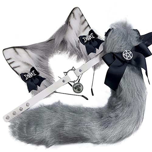 VIGVAN Animal Cosplay Wolf Ears and Tail Fox Cat Ears Tail Raccoon Cosplay Tail (ETC Gray Black)
