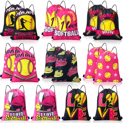 Image of Honoson 16 Pcs Pink Softball Drawstring Backpack Softball Goodie Bags Baseball Gift Bags Drawstring Backpack Baseball Party Favors Snack for Sports Team Birthday Party Supplies