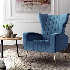DESIGNER LIBRARY- Velvet Accent Chair with Gold Metal Legs for Living Room, Dining Room, Bedroom, Office | Accent Chair with Armrests and Cushion Back in High Density Foam (Blue)