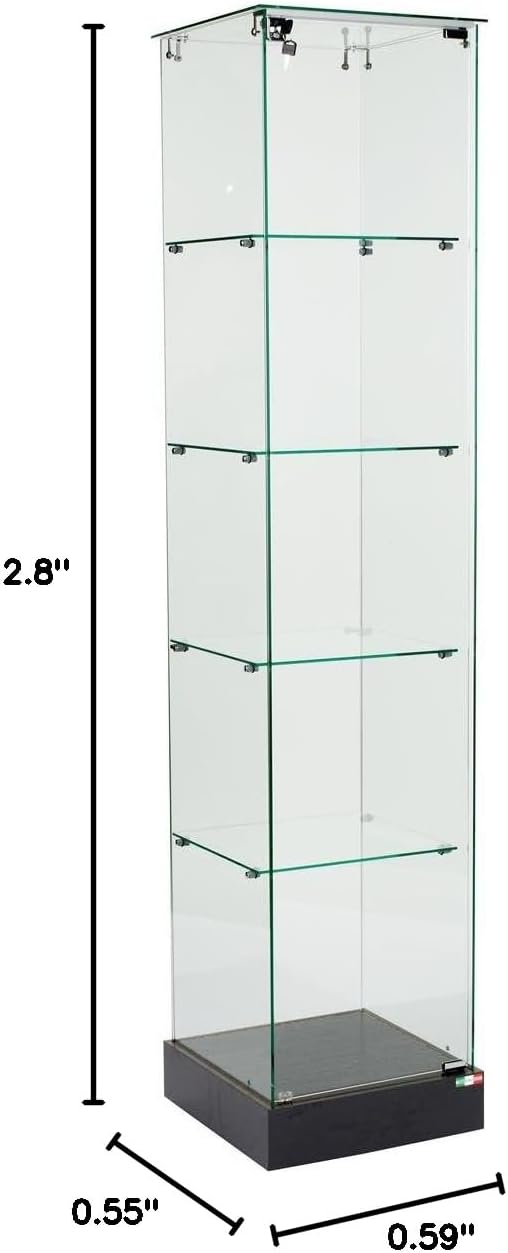 Glass Square Tower Display and Black MDF Base, with Locking Hinged Door and Hidden Wheels